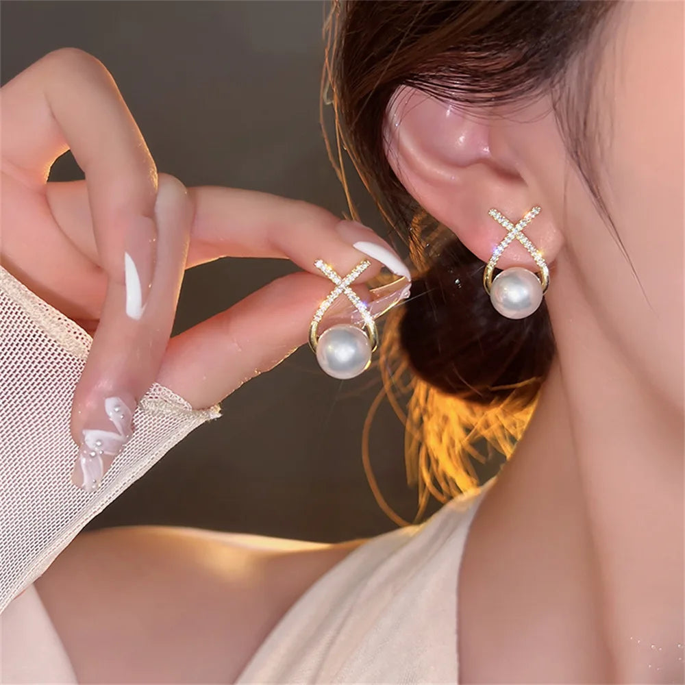 Shiny Crystal Rhinestone Pearl Earrings for Women Girl Geometry Handcrafted Micro Paved Flower Heart Stud Earring Jewelry