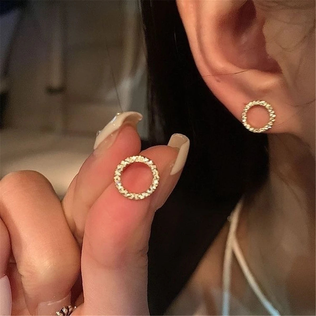 Simple Gold Color S925 Silver Needle Crystal Stud Earrings for women Fashion Jewelry Gift Small Circle Earrings