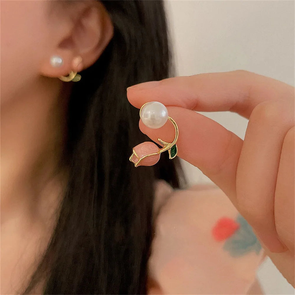 Shiny Crystal Rhinestone Pearl Earrings for Women Girl Geometry Handcrafted Micro Paved Flower Heart Stud Earring Jewelry