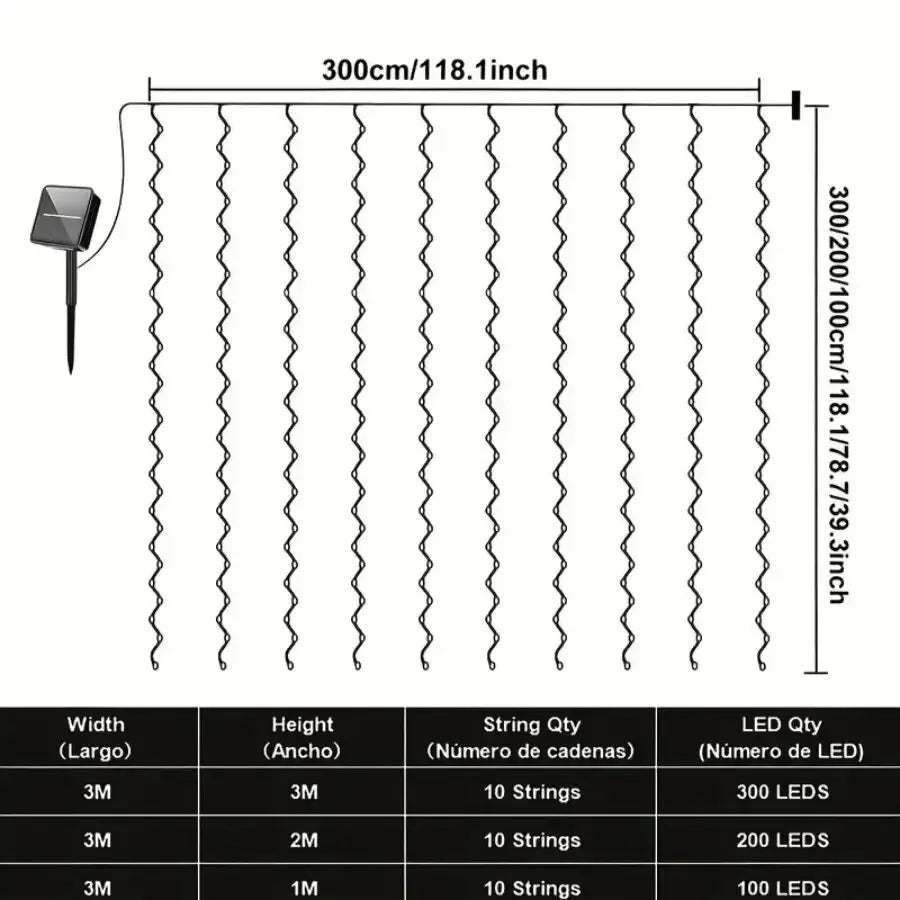 1 Pc Solar Curtain Lights,300/200/100LEDs,Outdoor/Indoor Waterproof Fairy Lights, For Festival New Year LED Lights Christmas