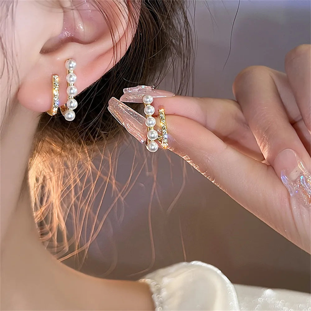 Shiny Crystal Rhinestone Pearl Earrings for Women Girl Geometry Handcrafted Micro Paved Flower Heart Stud Earring Jewelry