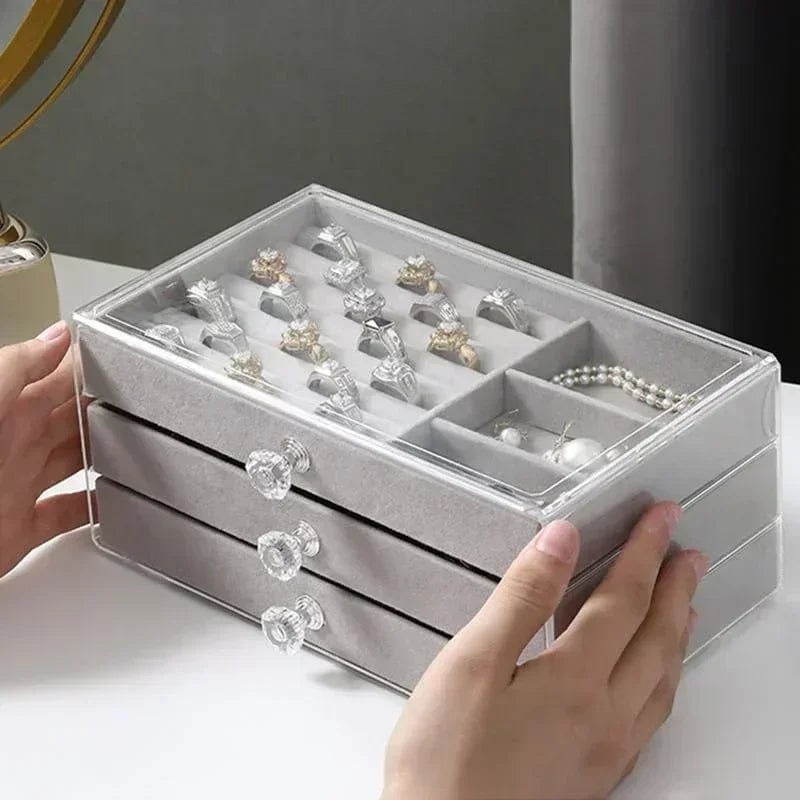 Acrylic Velvet Jewelry Organizer with 3 Drawers Stackable Display Storage Earrings Necklace Bracelets Box Holder Case for Women