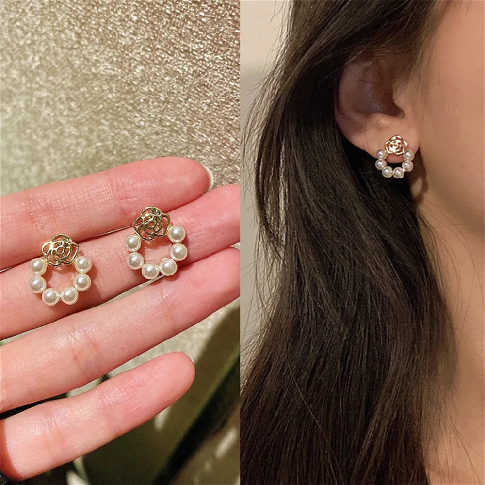 Shiny Crystal Rhinestone Pearl Earrings for Women Girl Geometry Handcrafted Micro Paved Flower Heart Stud Earring Jewelry